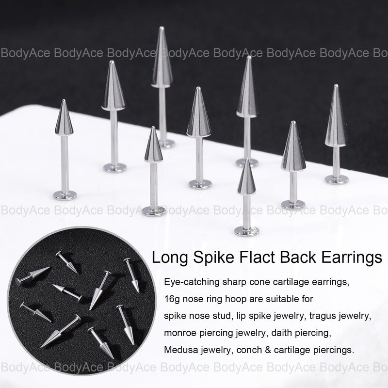 BodyAce Threadless Spike Flact Back Earrings Cartilage Lip Rings, 16G Stainless Steel Daith Helix Tragus Studs, Push in Rook Lobe Lip Piercing for Women Men - Image 4